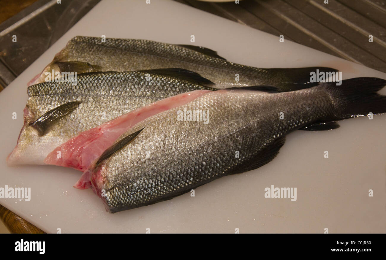 Sea Bass prepared for a meal. Stock Photo