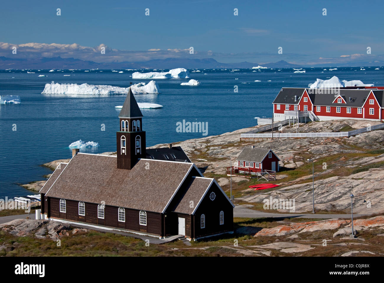 Wooden Zion's church at Ilulissat, Jakobshavn, Disko-Bay, West-Greenland, Greenland Stock Photo