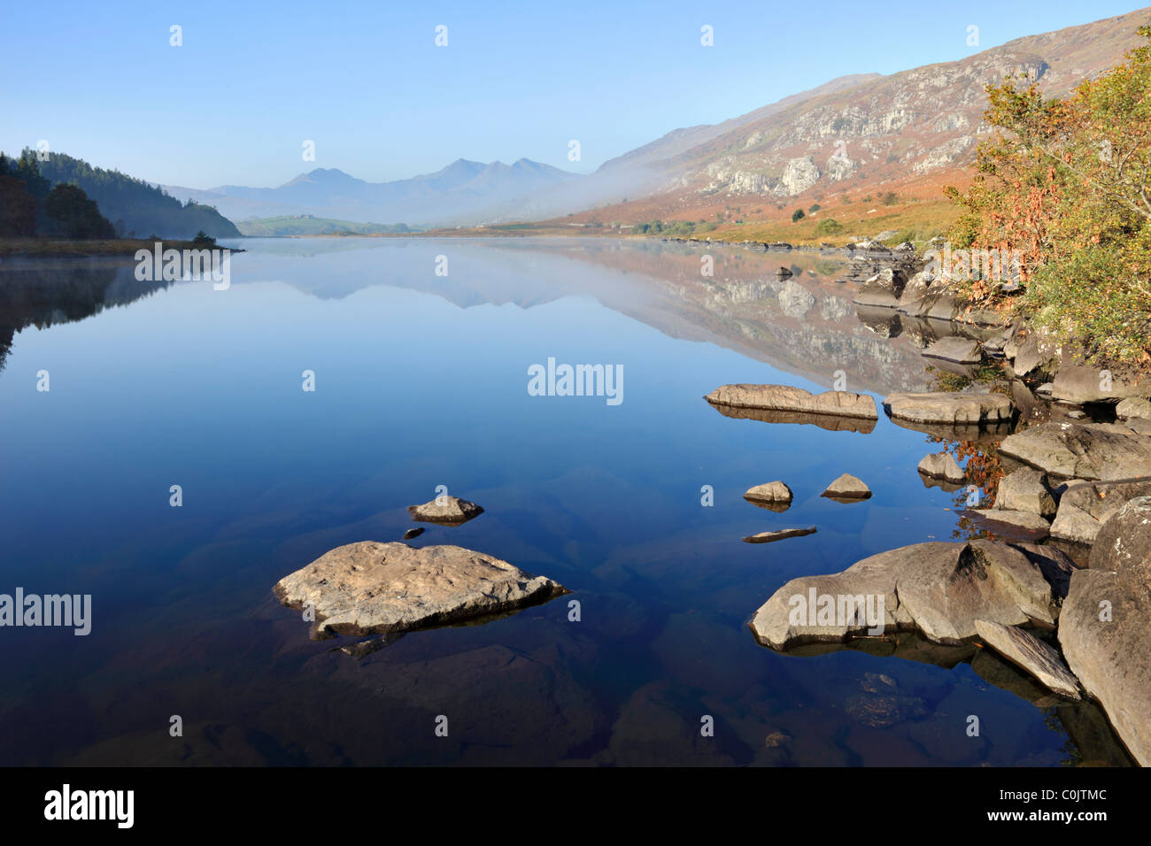 Snowdon reflected in Llyn Mymbyr on the Snowdonia National Park, North Wales Stock Photo