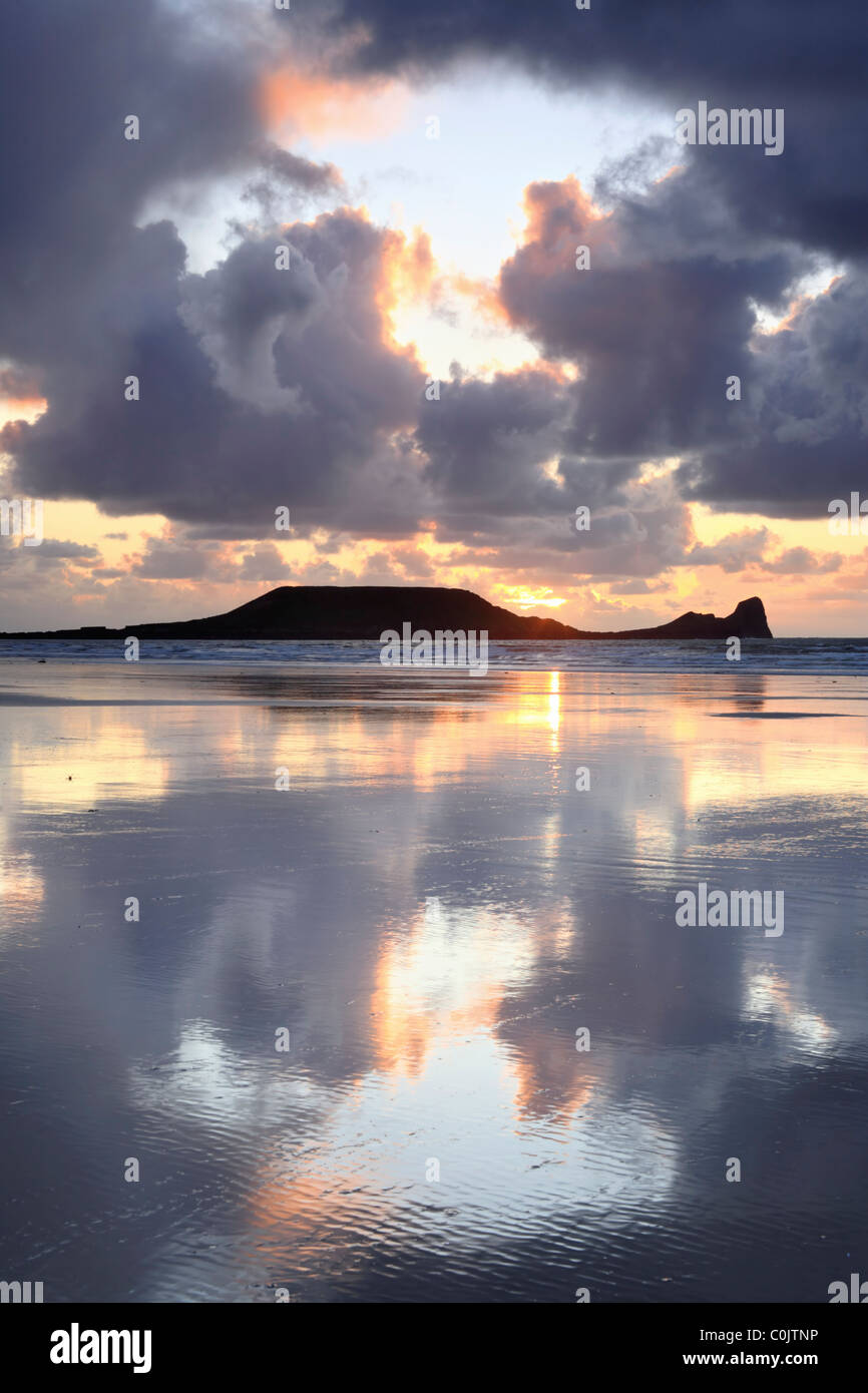 Worms Head captured from Rhossili Beach on Gower, South Wales Stock Photo
