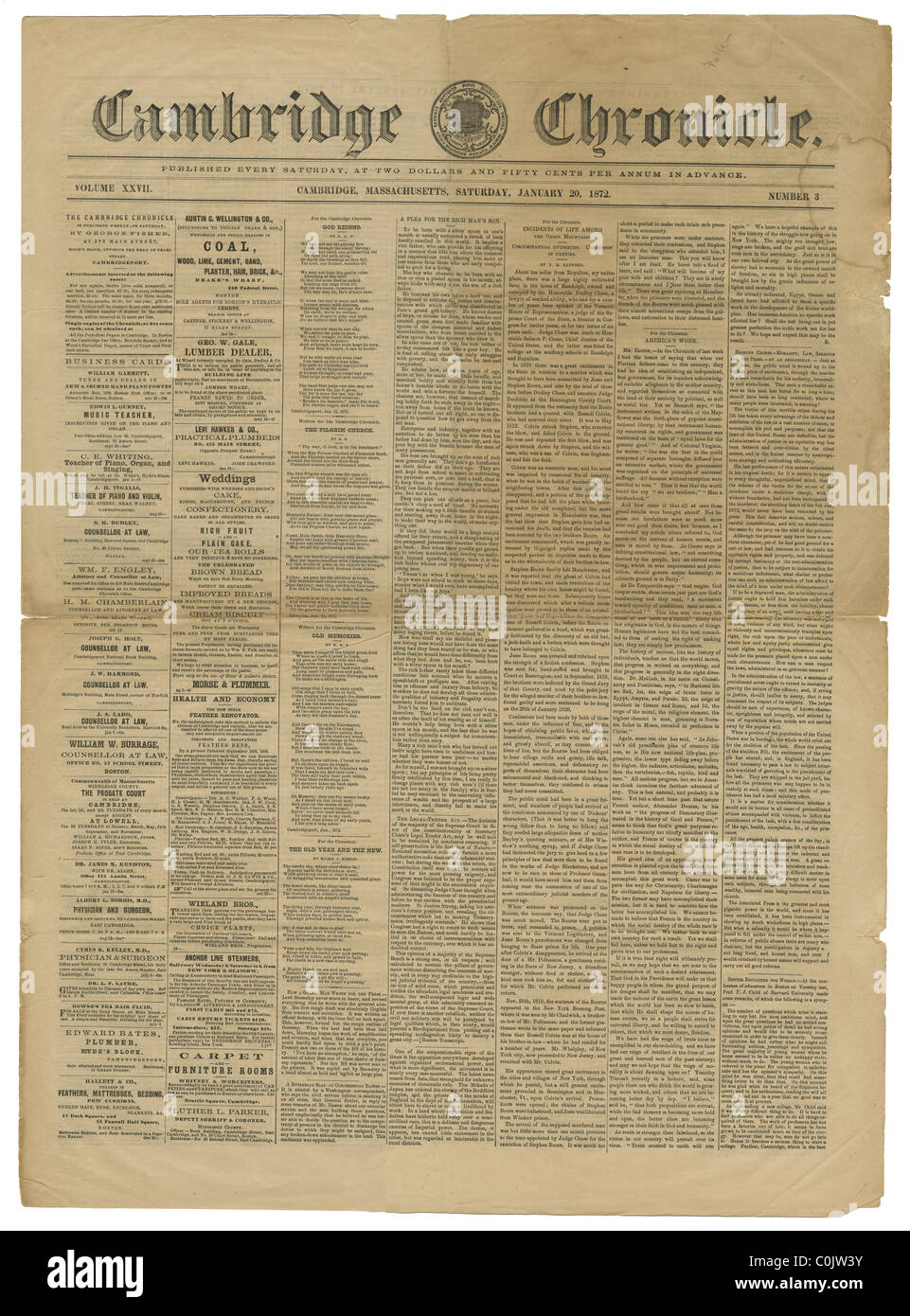 January 20, 1872 Cambridge Chronicle newspaper, Cambridge, Massachusetts. Volume 27, No. 3. Stock Photo