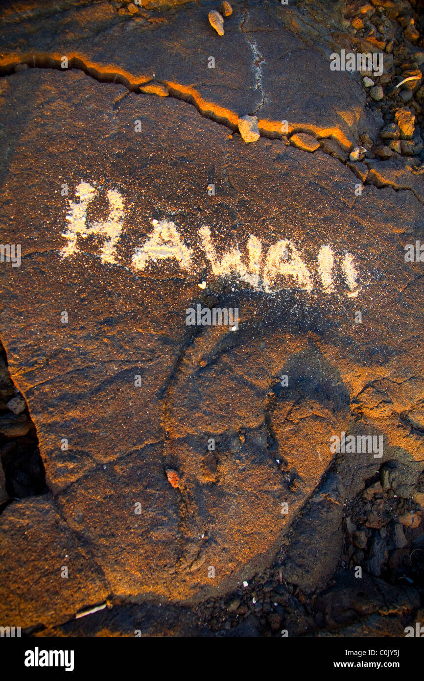 Hawaii sign in sand on lava rock, Makalawena Beach, Kekaha Kai State Park, Kona, Island of Hawaii, Hawaii Stock Photo
