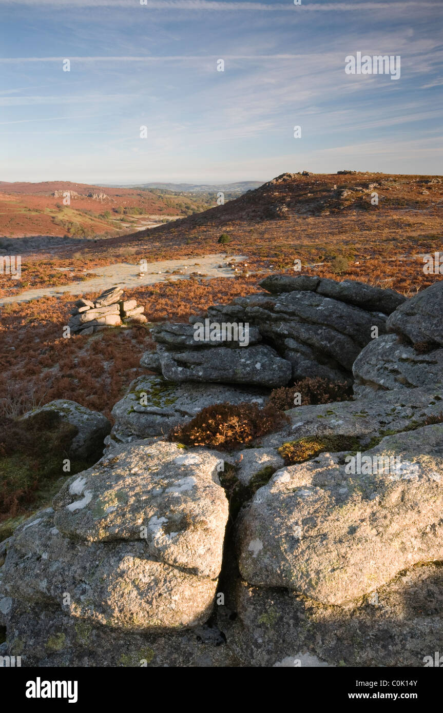 Rocks and view near Saddle Tor, Dartmoor Stock Photo