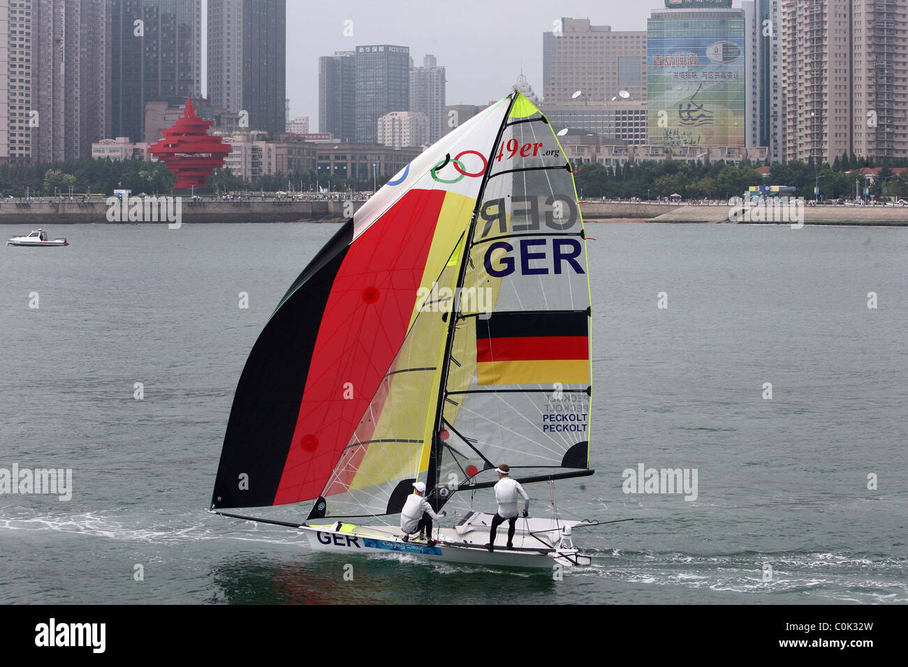 Sailing competitors make preparations for the upcoming Olympic sailing events at the Qingdao Olympic Sailing Center, Qingdao, Stock Photo