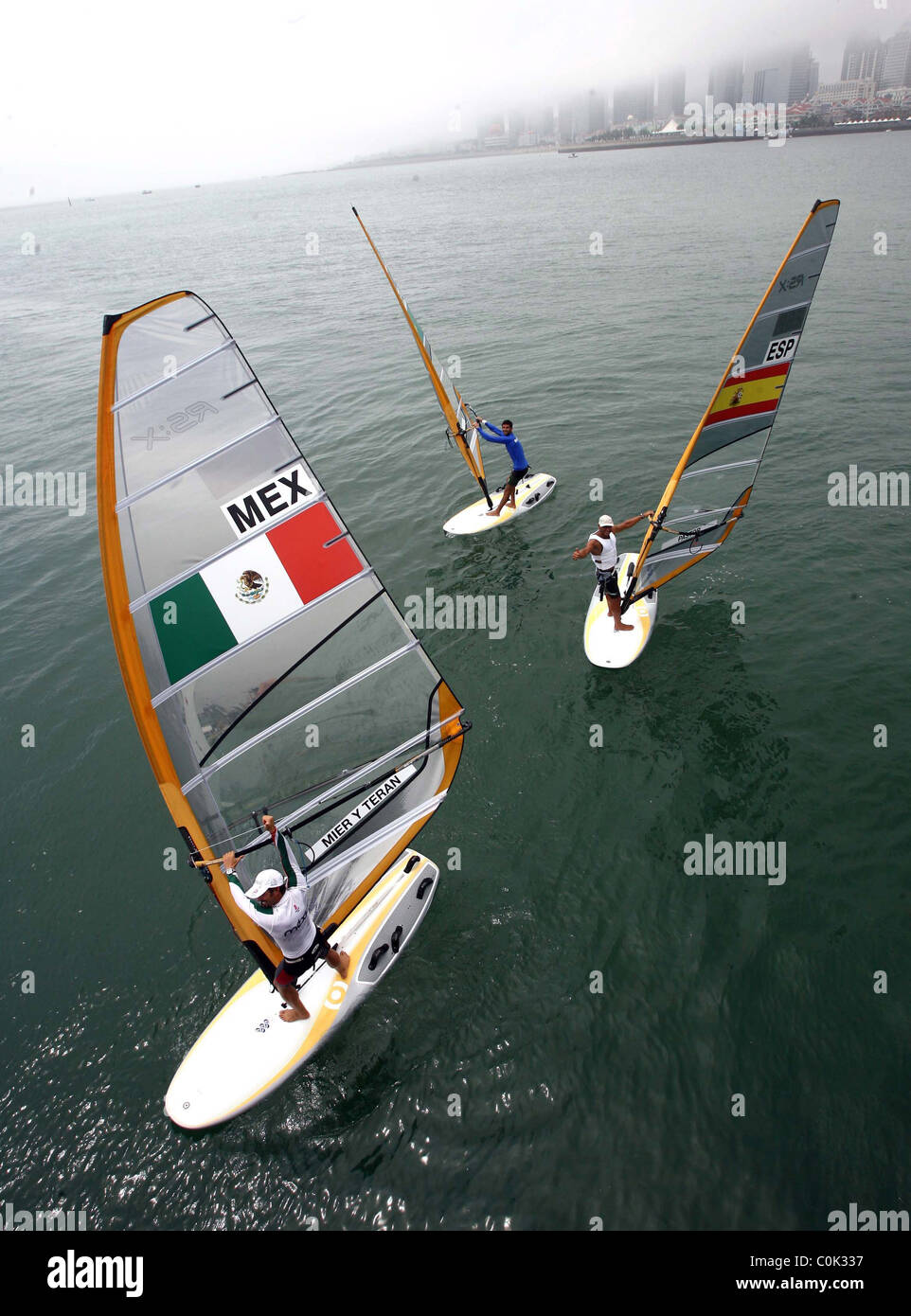 Sailing competitors make preparations for the upcoming Olympic sailing events at the Qingdao Olympic Sailing Center, Qingdao, Stock Photo