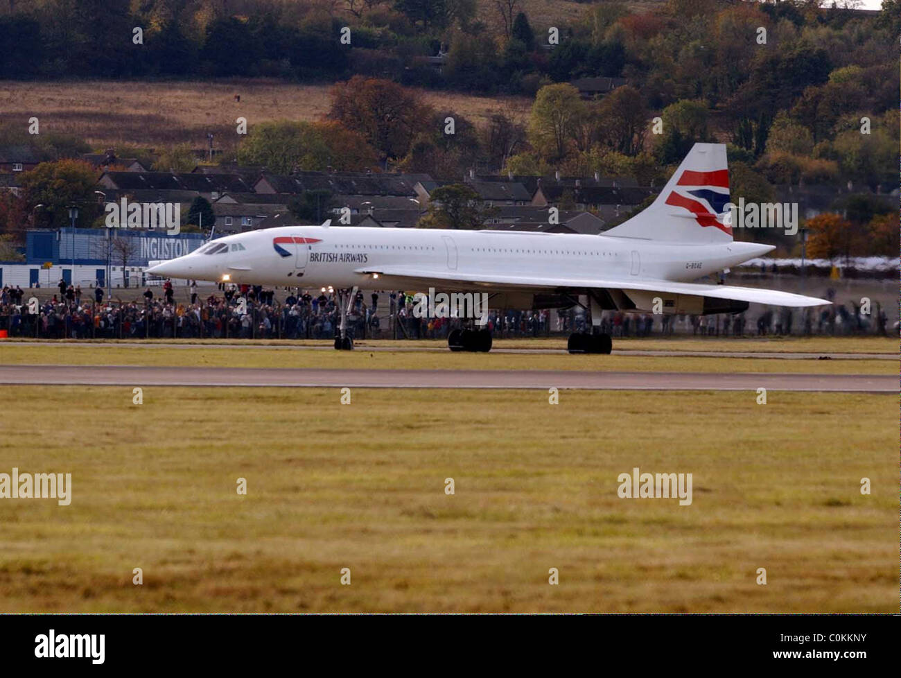 Pictured Brittish Airways Concorde arriving - taking off at Edinburgh Tournhouse Airport. Stock Photo