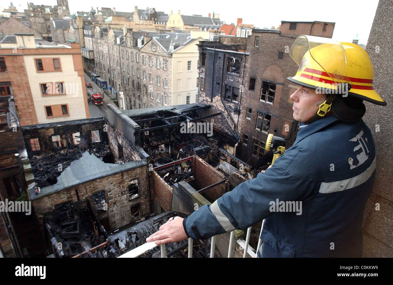devastation caused by the fire which ripped through the the old town part of Edinburgh on the cowgate Stock Photo