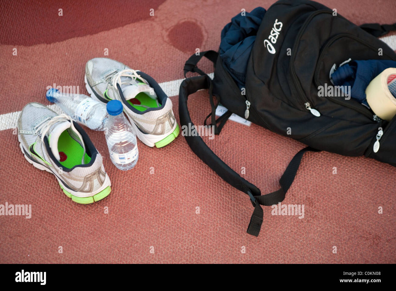 shoes and backpack on ground. Sport outdoor Athletics competition race