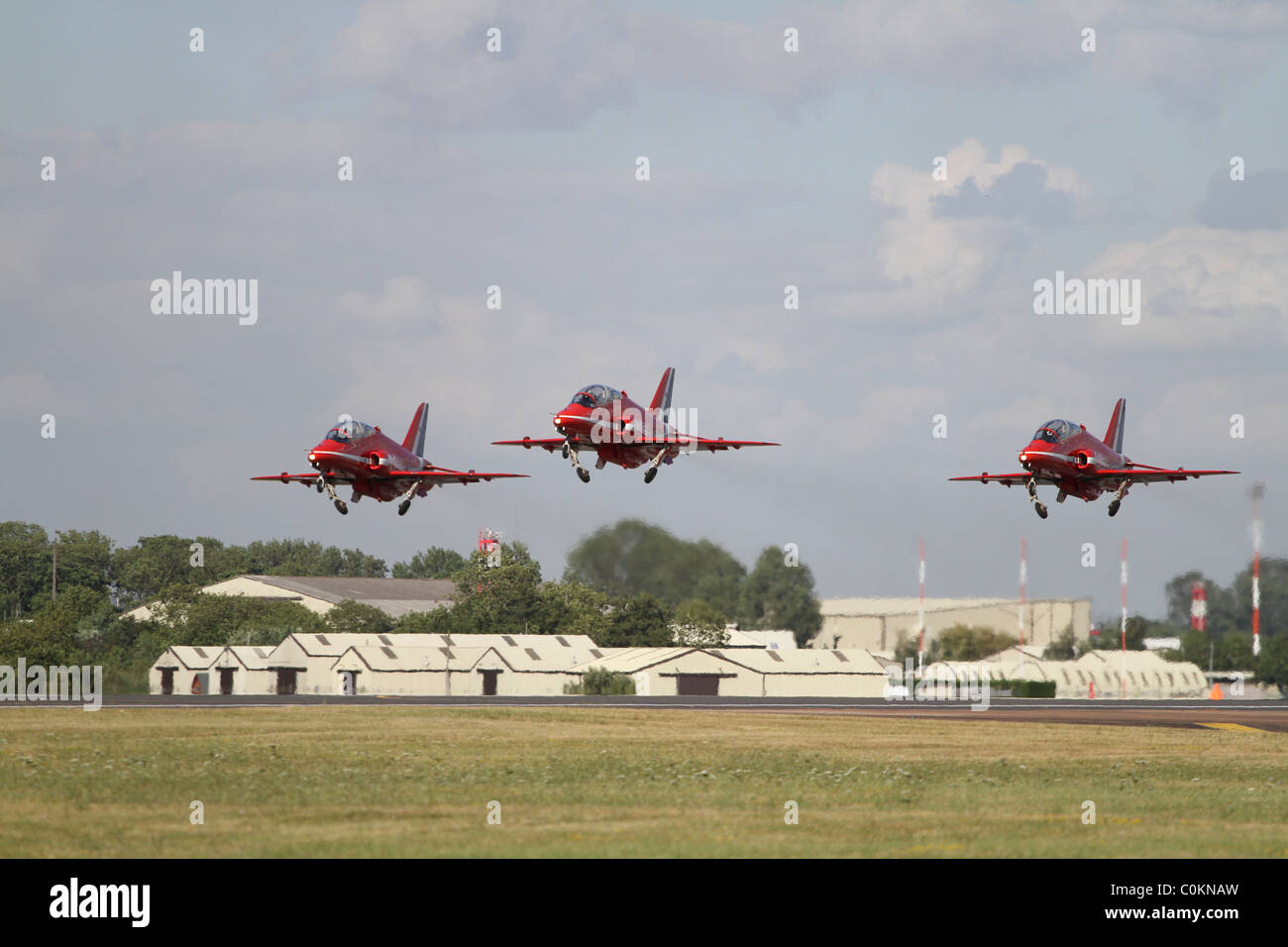 red arrows military aircraft in flight, BAE systems hawk trainer Stock Photo
