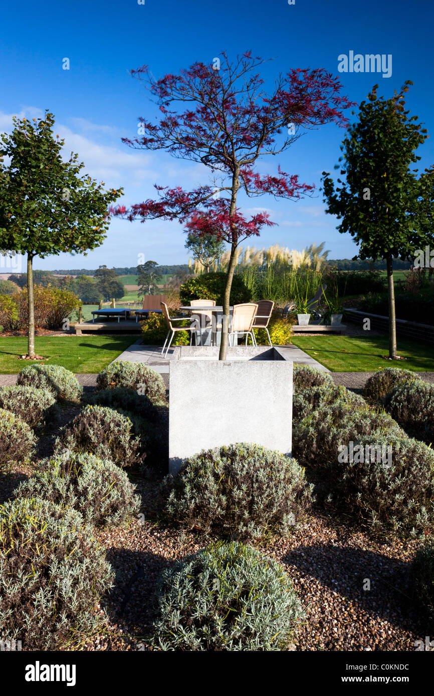 A garden in autumn with trimmed plants and blue sky, light cloud Stock Photo