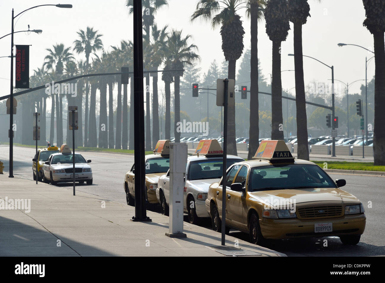 Cabs waiting for passengers in front of the San Jose Exhibition Center, California CA Stock