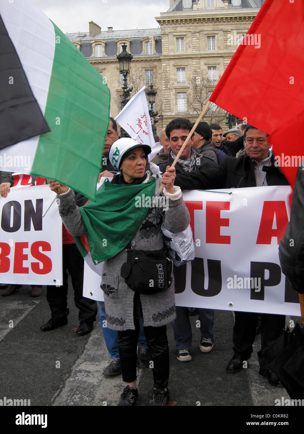 Paris, France, Public Demonstration, in Support of Libyan Revolution, Veiled Women marching, Head Scarf, protesting "Arab Spring Protests" 2011 Stock Photo