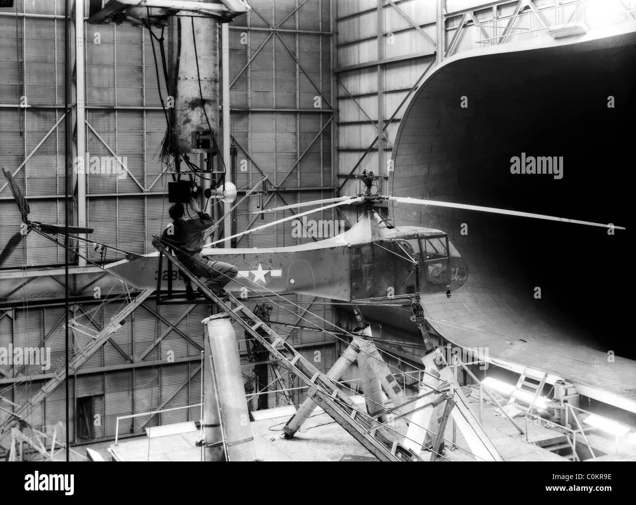 Sikorsky YR-4B/HNS-1 helicopter is seen in the 30 x 60 Full Scale Wind Tunnel. Stock Photo