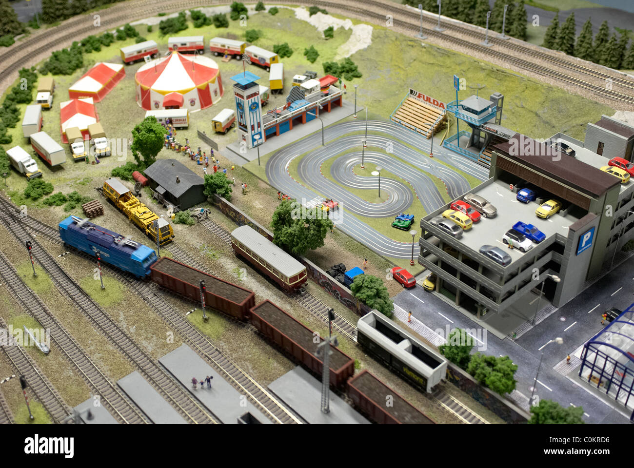 Detail of Model toy railway railroad plant with Locomotive, wagon ...
