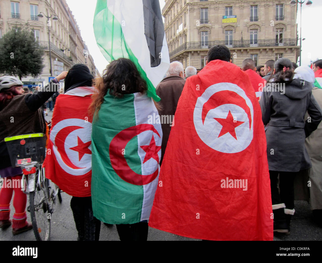 Paris, France, Crowd People, Behind, Libya Demonstration, Solidarity of Libyan Revolution 'Arab Spring Protests' Different COuntry Flags, Algeria, Tunisia,  Arabic spring, politics, Muslims, 2011 Stock Photo