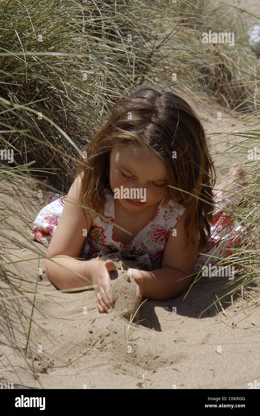 Little girl playing in the sand dunes at  Woolacombe, Devon, UK Stock Photo