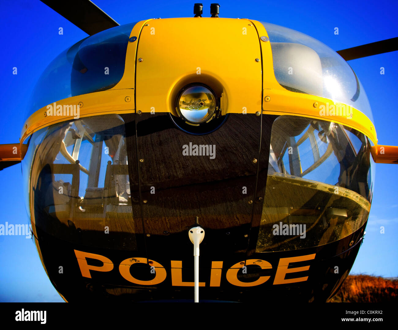 Close up of front of police helicopter Stock Photo