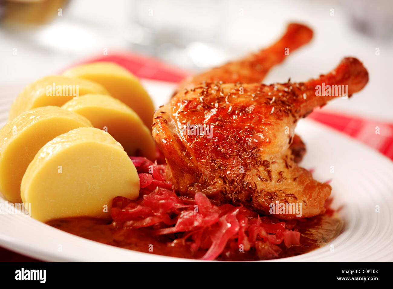 Roast Duck with Red Cabbage and Potato Dumplings Czech cuisine Stock