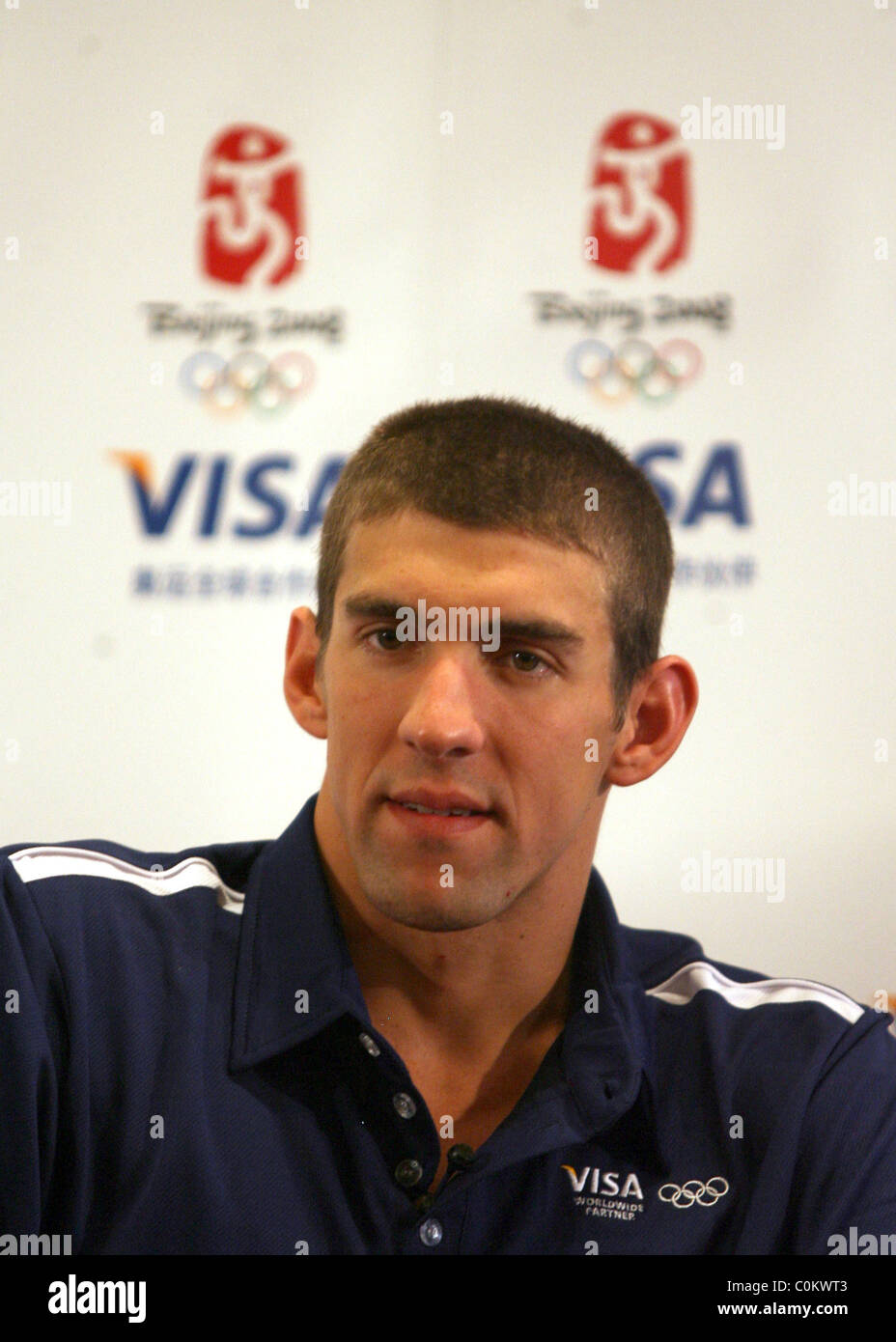 Michael Phelps  holds a press conference at the 2008 Beijing Olympic Games after becoming the first person to win eight gold Stock Photo