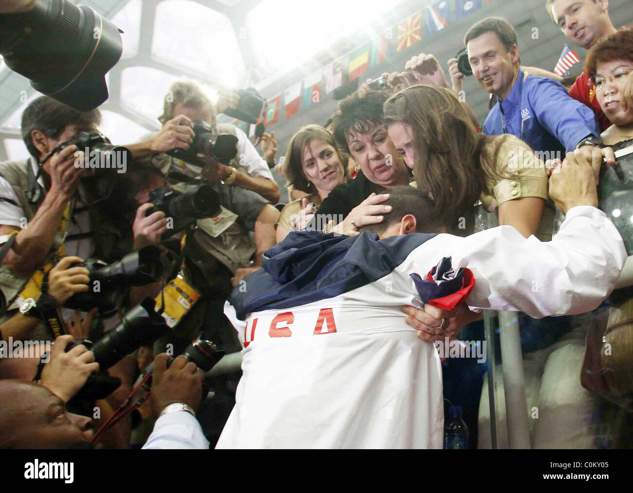 Michael Phelps greets his mother after winning his eighth gold at the 2008 Beijing Olympics  Beijing, China - 17.08.08 ** ** Stock Photo