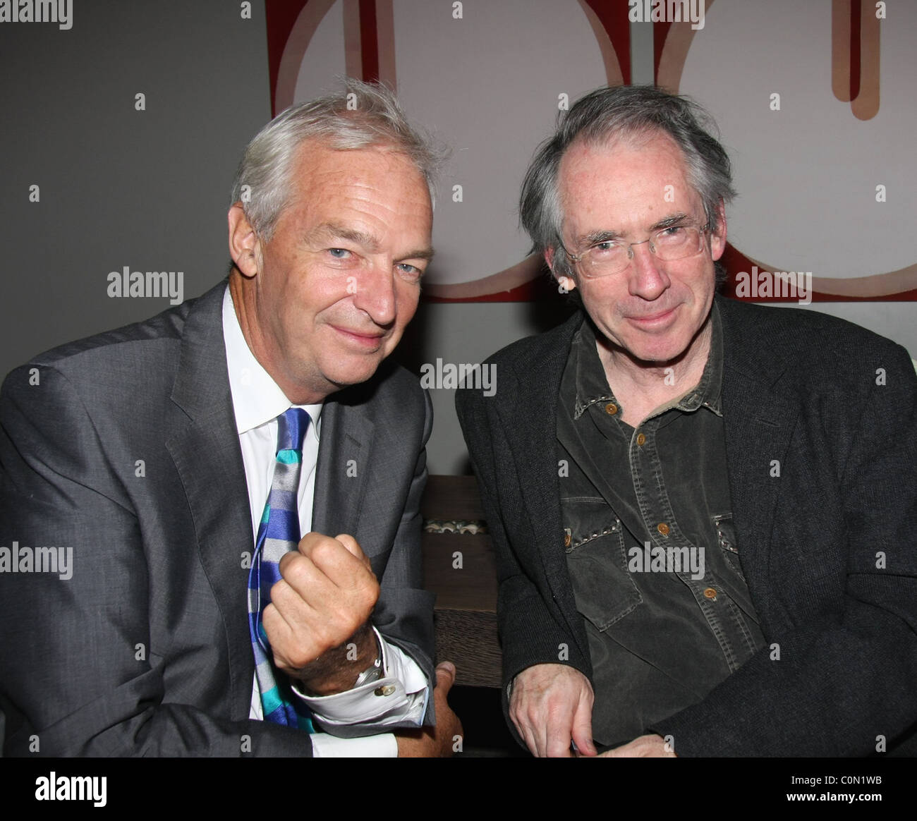 Jon Snow and Ian McEwan attend the Kathy Lette Book Launch 'To Love Honour and Betray' held at the Haymarket Hotel. London, Stock Photo