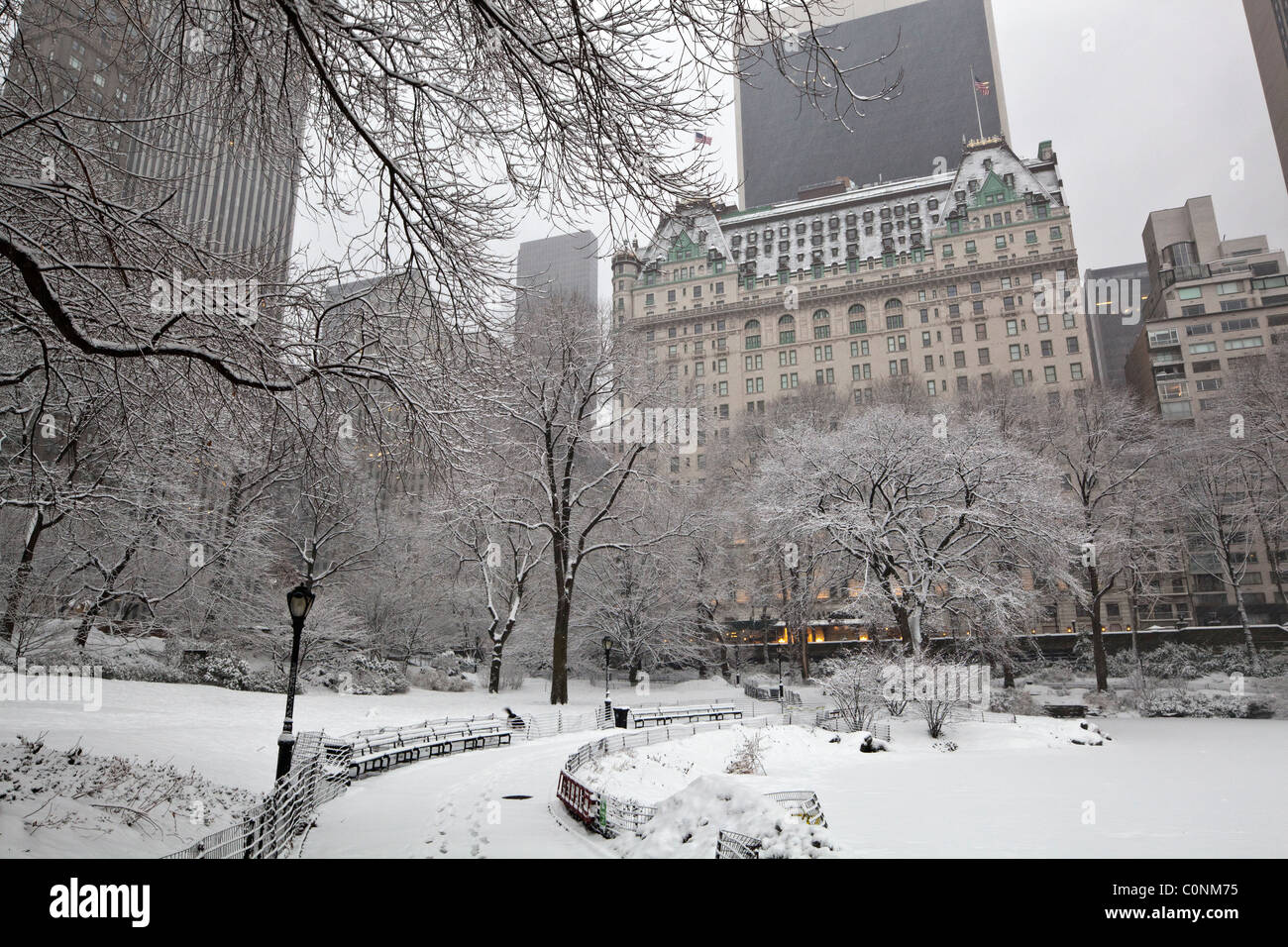Central Park - New York City during snow storm in the early morning with Plaza hotel in background Stock Photo