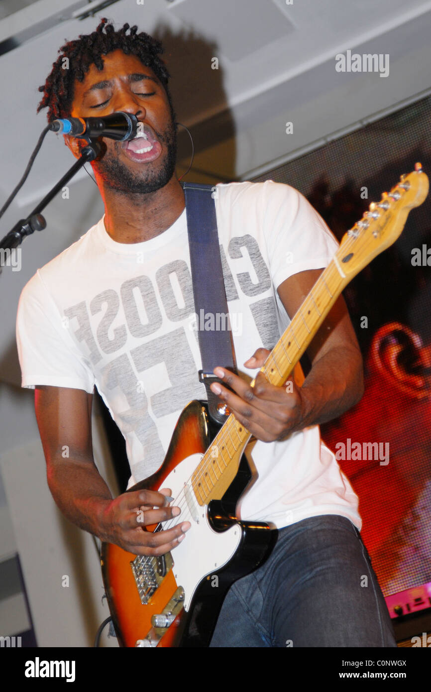 Kele Okereke of Bloc Party performing live at HMV on Oxford Street London, England. 27.10.08