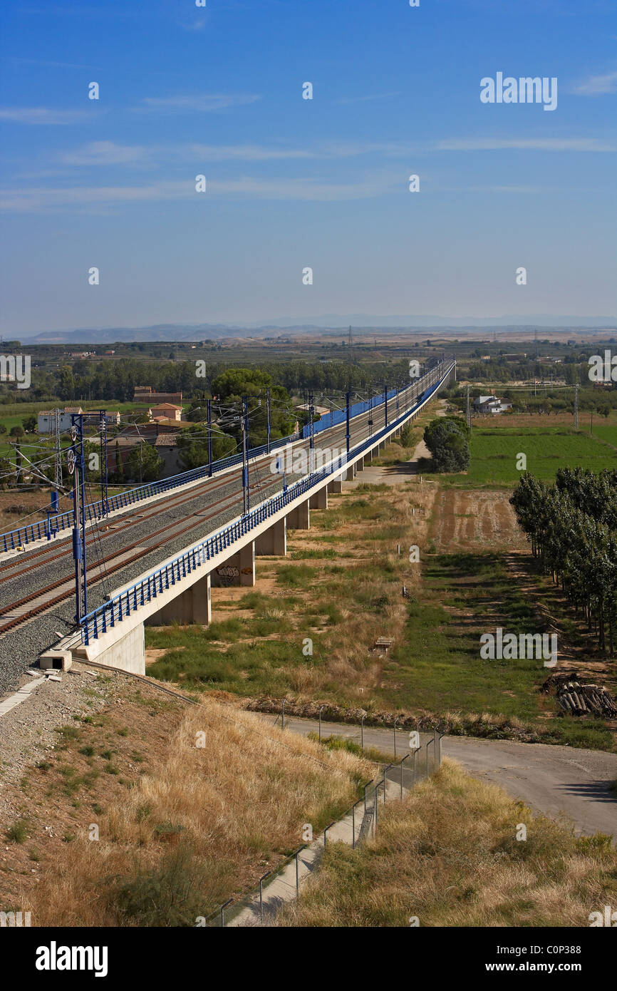 Elevated Railway in LLeida for High Speed AVE train, Blue, Sky. Stock Photo