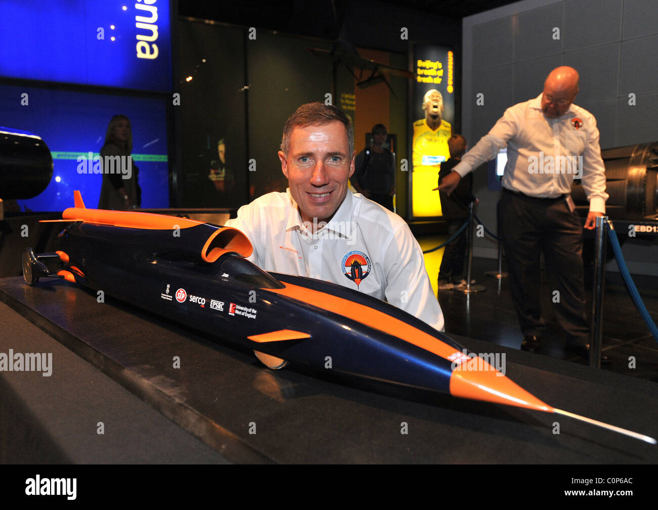 RAF pilot Andy Green with a model of the Bloodhound land speed record car,  exhibited at the Science Museum. The car, when it Stock Photo - Alamy