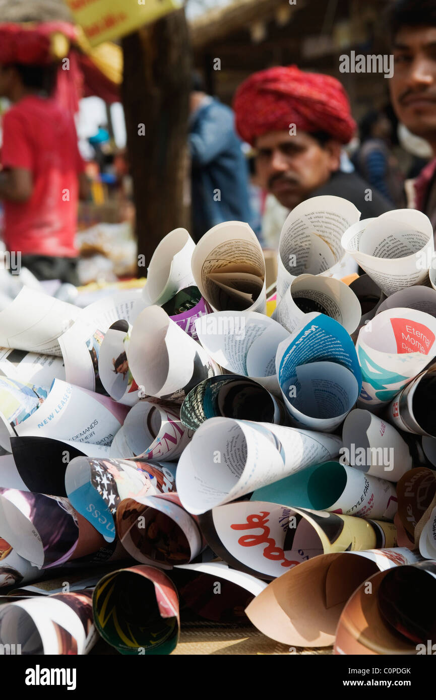 Close-up of paper cones on a stall, Surajkund Crafts Mela, Surajkund, Faridabad District, Haryana, India Stock Photo