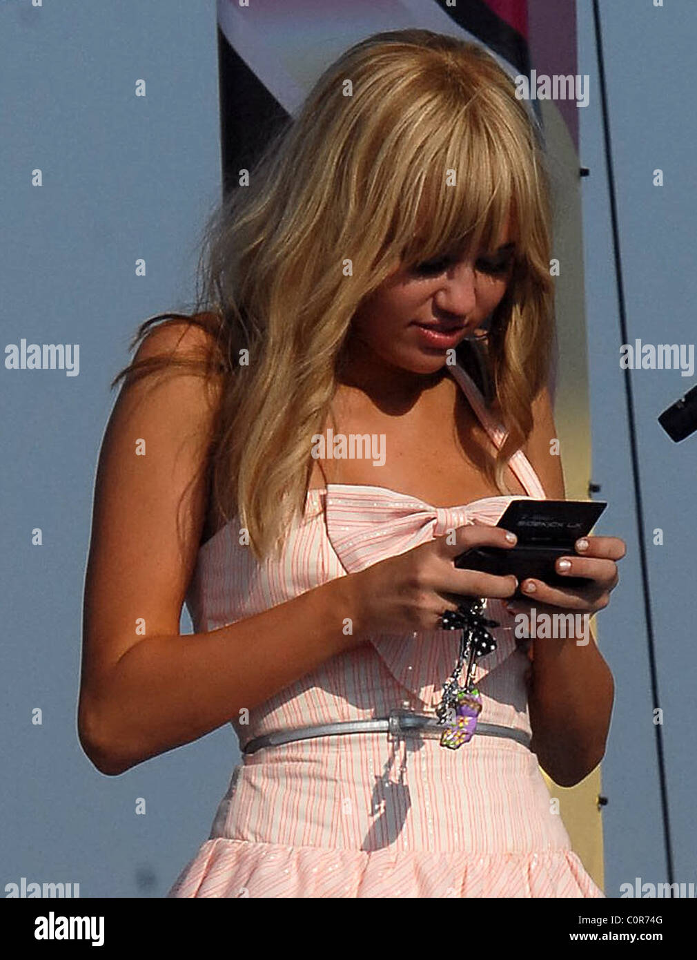 Miley Cyrus on the film set of 'Hannah Montana The Movie' Los Angeles