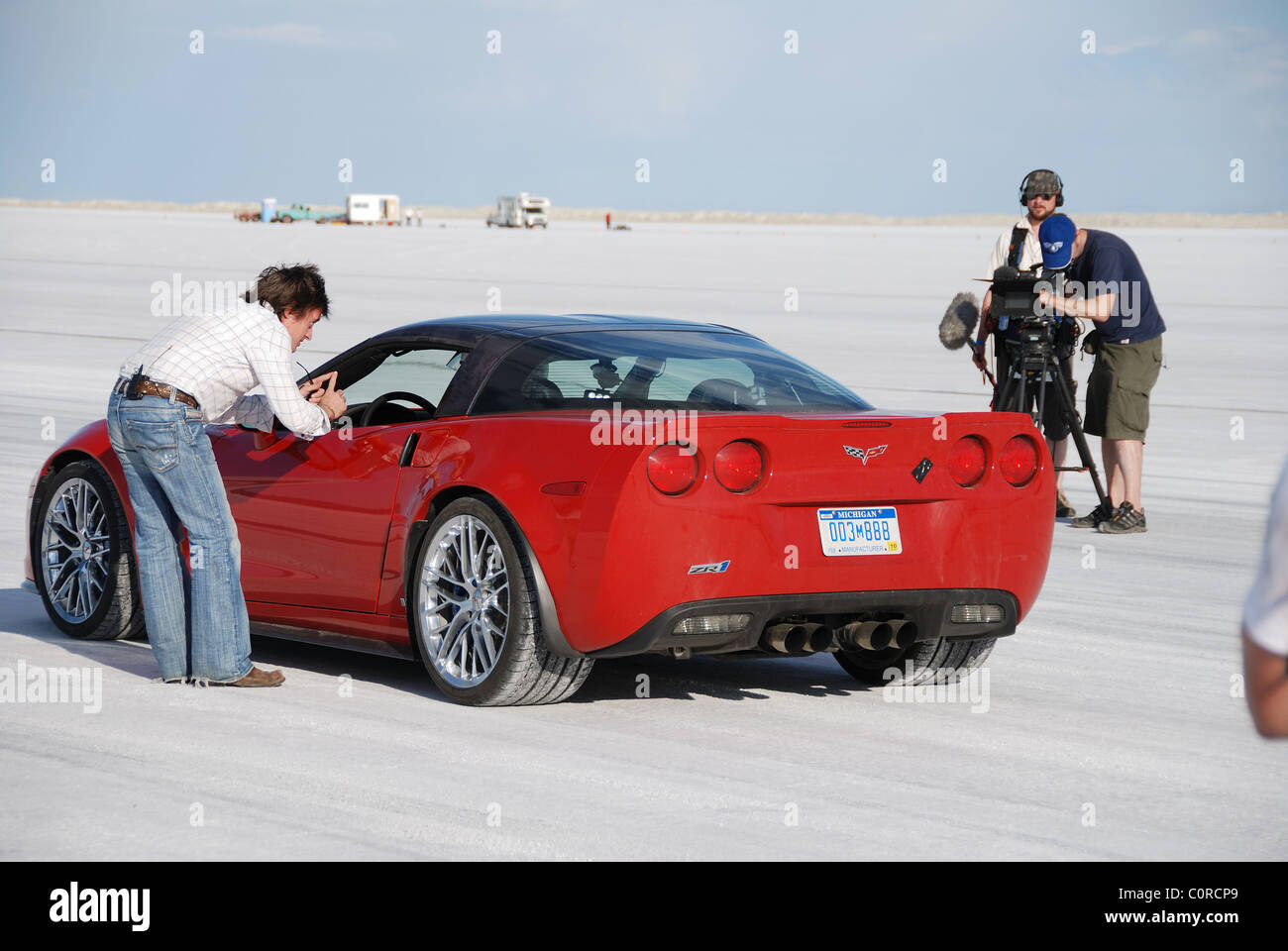 Richard Hammond peers into a Chevrolet Corvette ZR1 while filming the