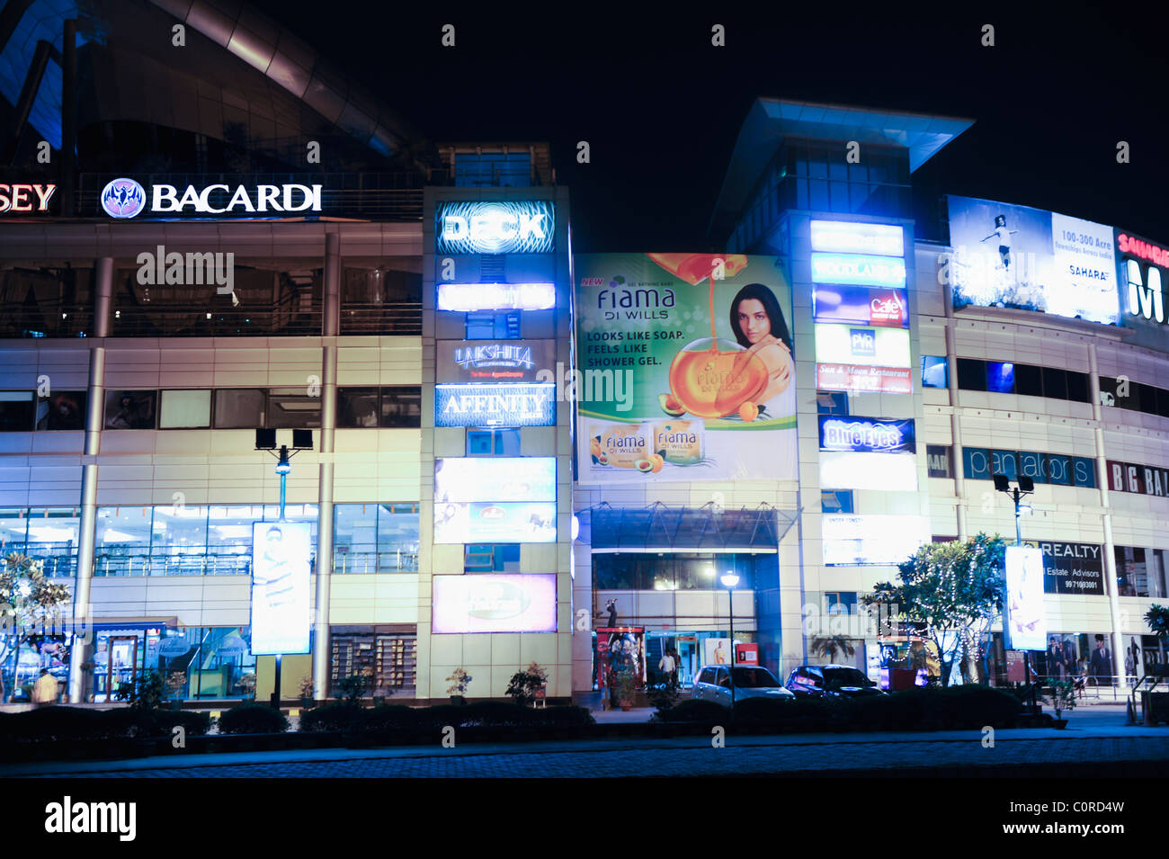 Shopping mall lit up at night, Sahara Mall, MG Road, Gurgaon, Haryana
