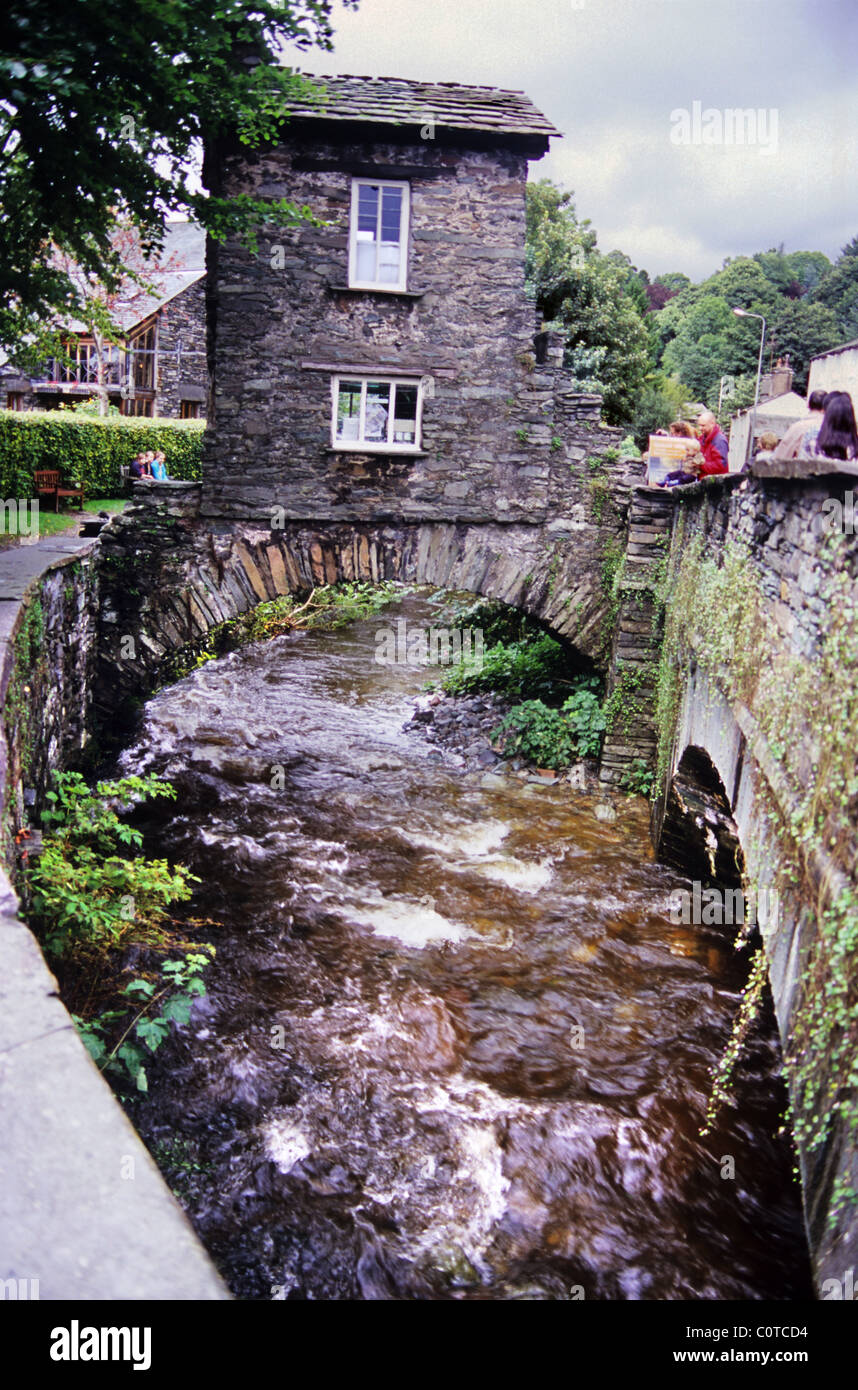 The lake district. Cumbria. England. Building built over the river in Ambleside, lake district town. Stock Photo
