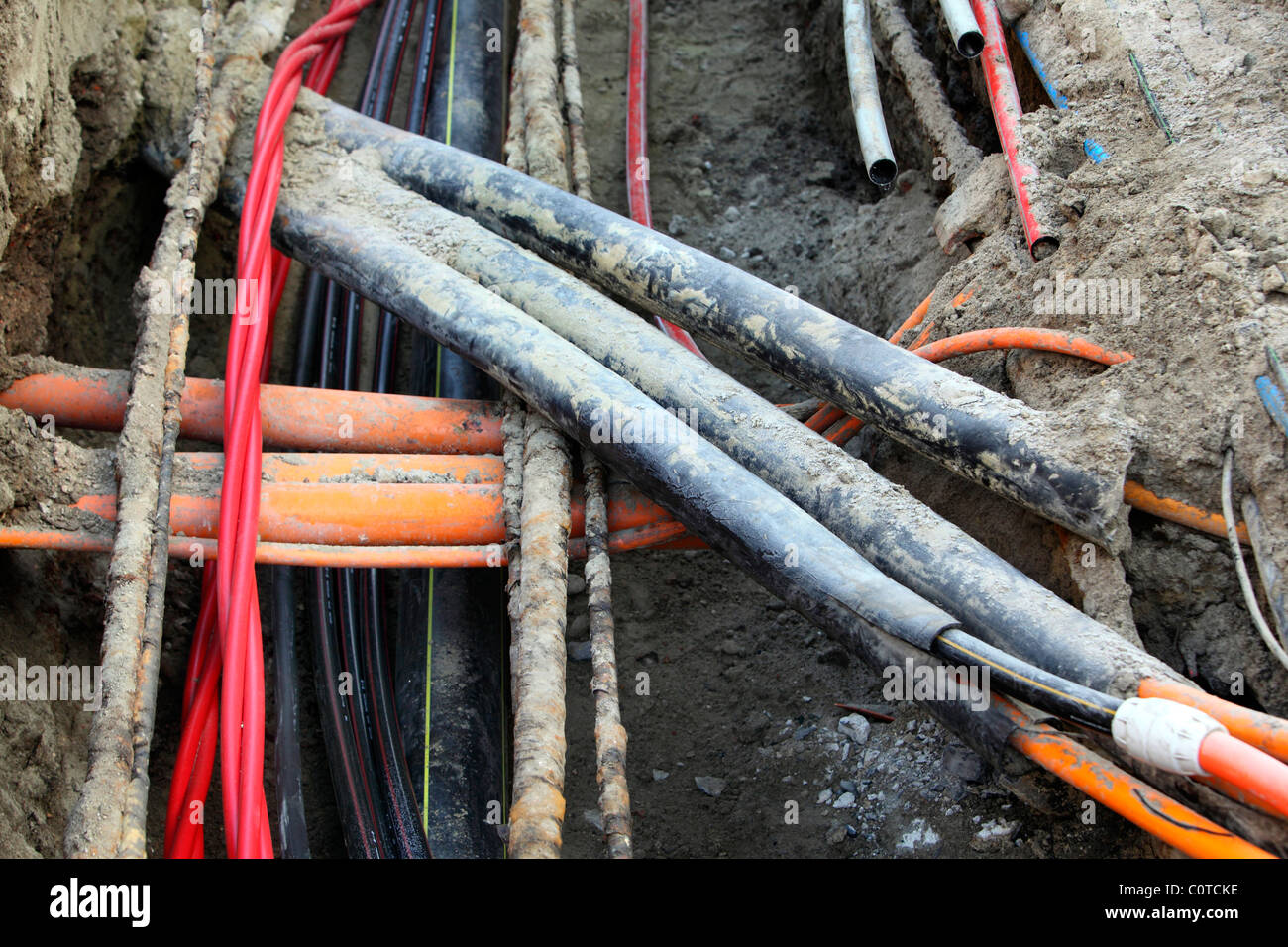 Different cables in a construction, cable trench. Cable for