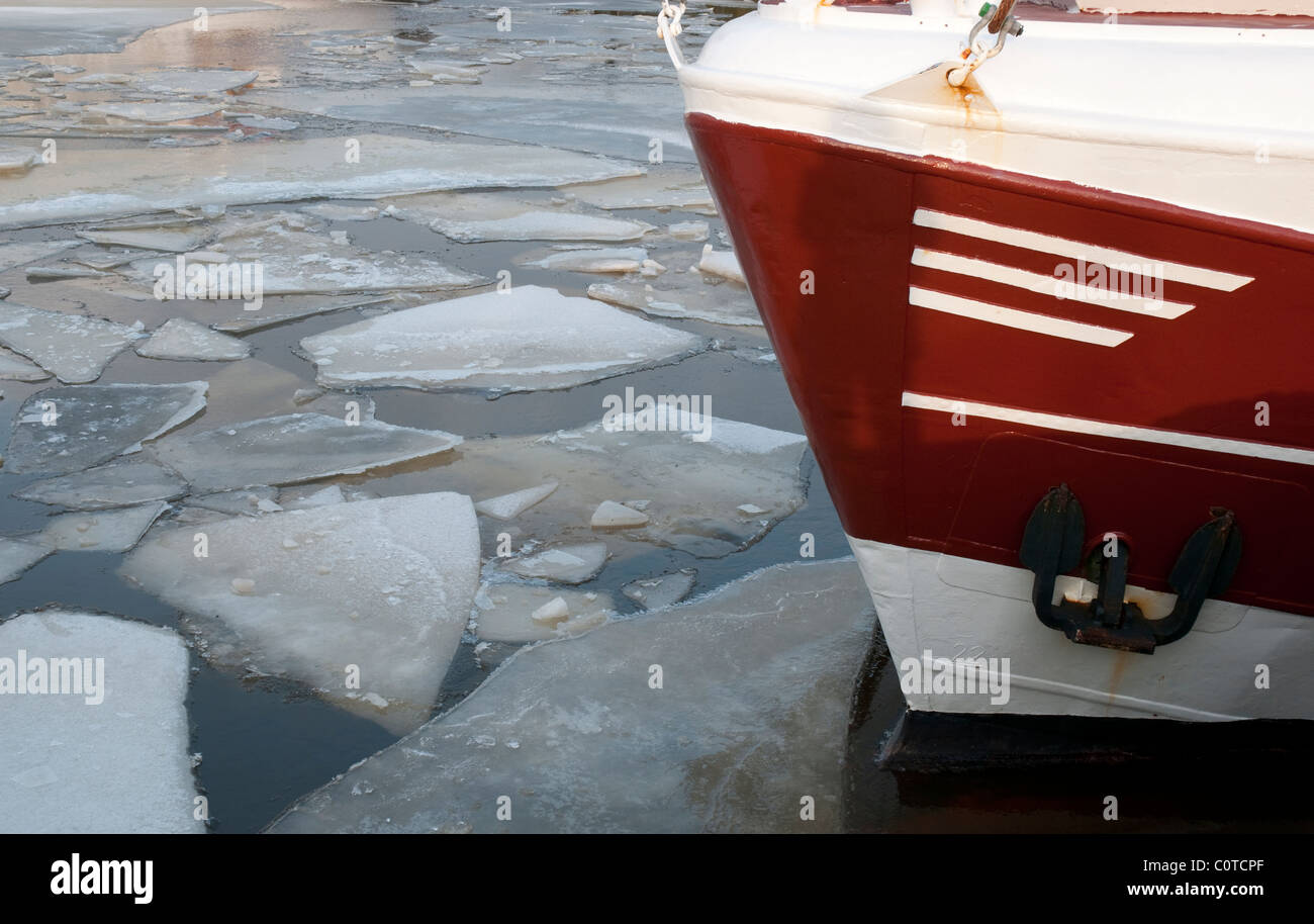 boat with ice floes, Northsea Stock Photo