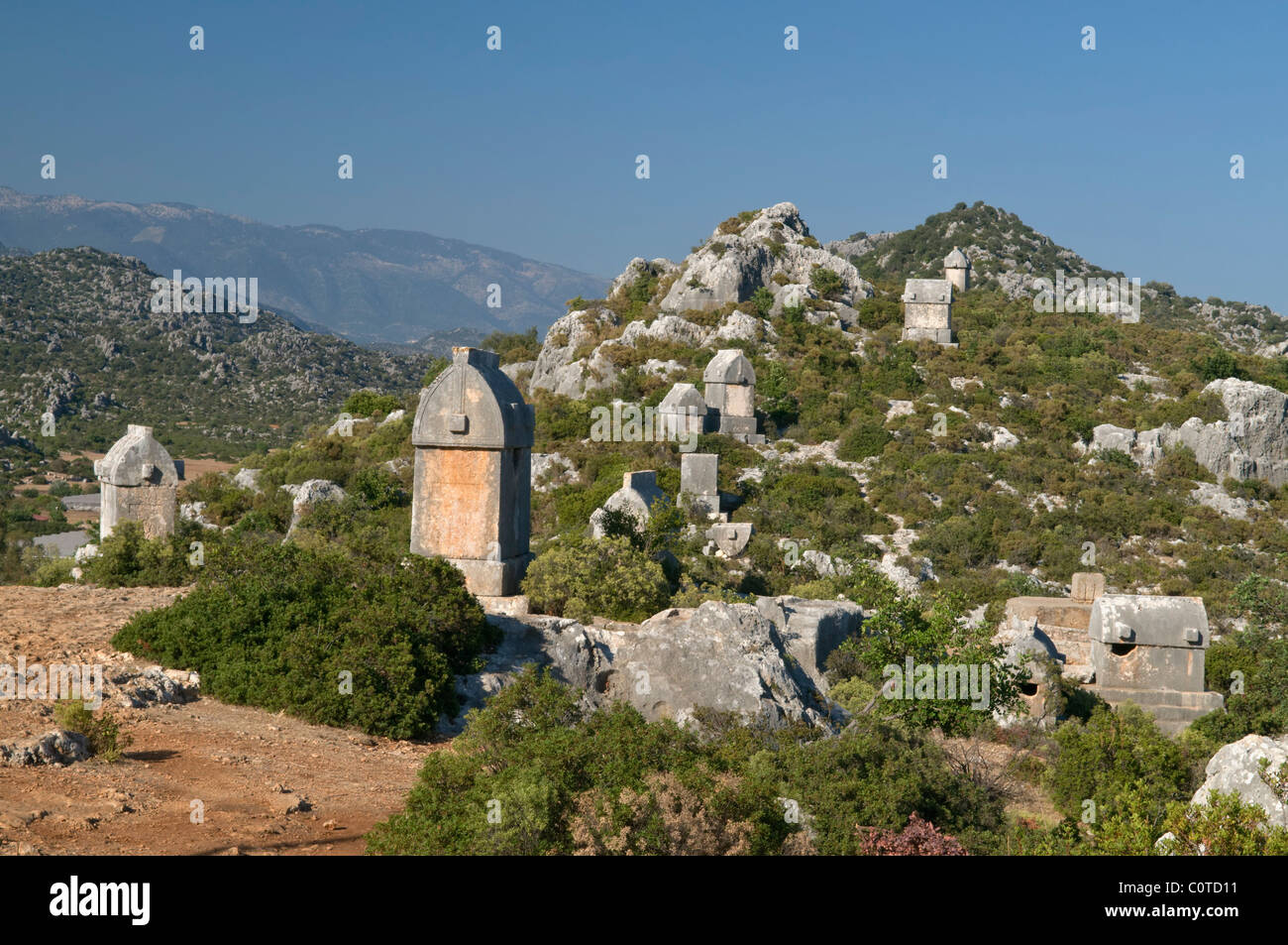 Ancient Lycian tombs in Simena (Kaleköy),Antalya,Turkey Stock Photo