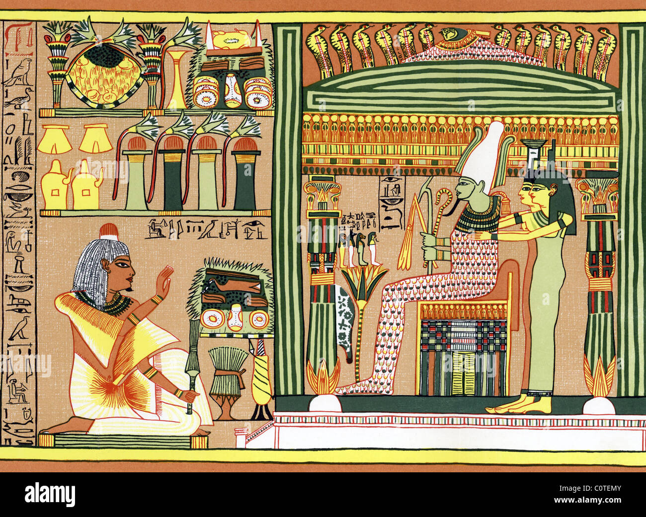 This scroll scene is from the tomb of the ancient Egyptian court official Ani, shown (far left) appearing before Osiris. Stock Photo