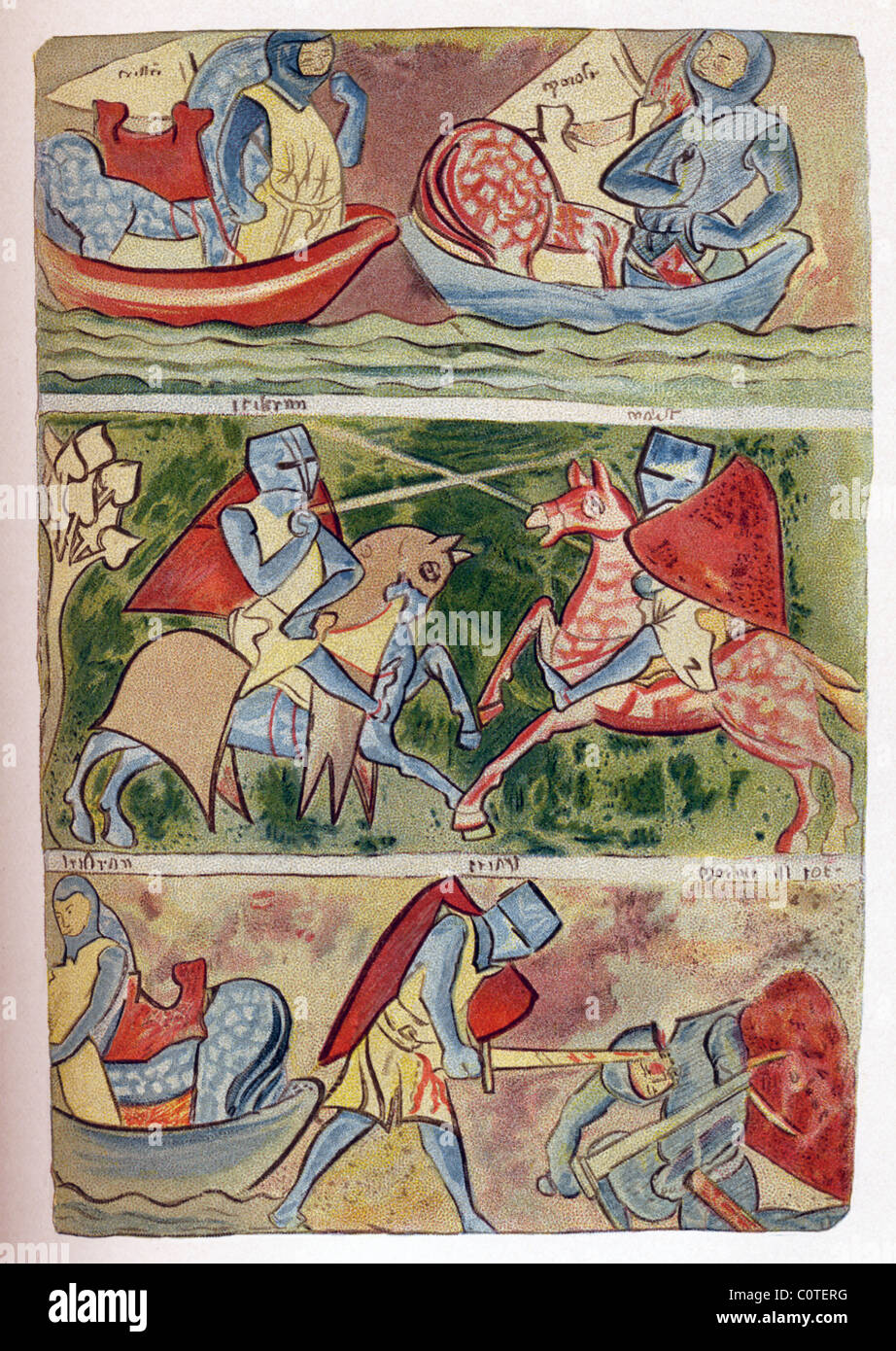 This miniature is from a 13th-century manuscript shows hero Tristan traveling to Ireland, the battle, the victory of Tristan. Stock Photo