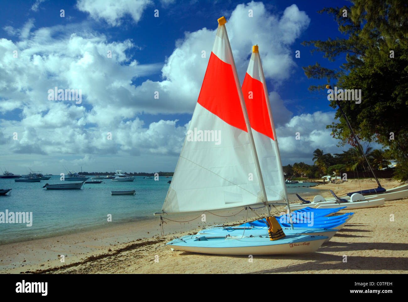 Sailing yachts for hire on beach, Mauritius Stock Photo