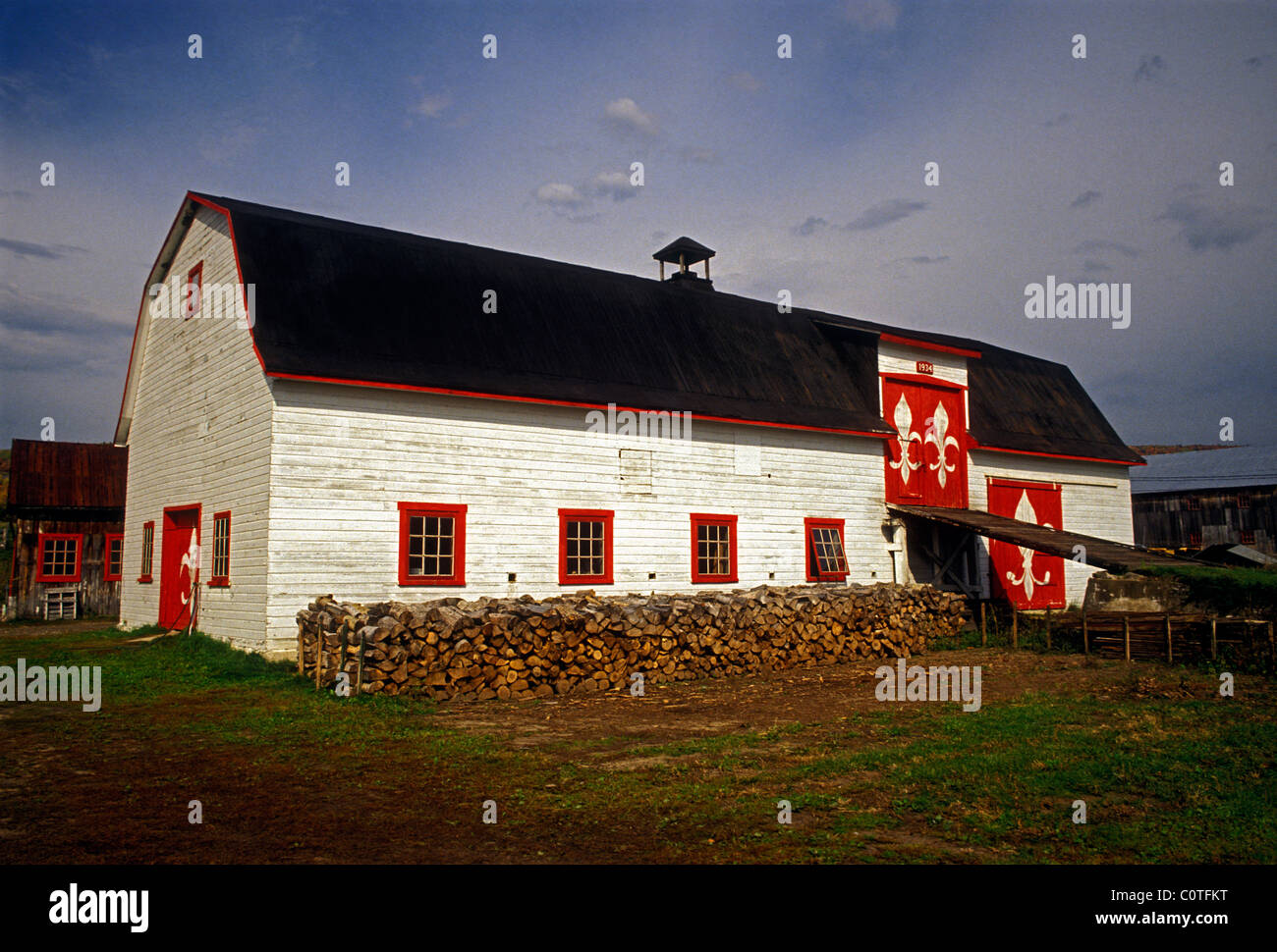 Barn, Fleur de Lys emblem, town of Saint Joachim, Quebec Province, Canada, Stock Photo