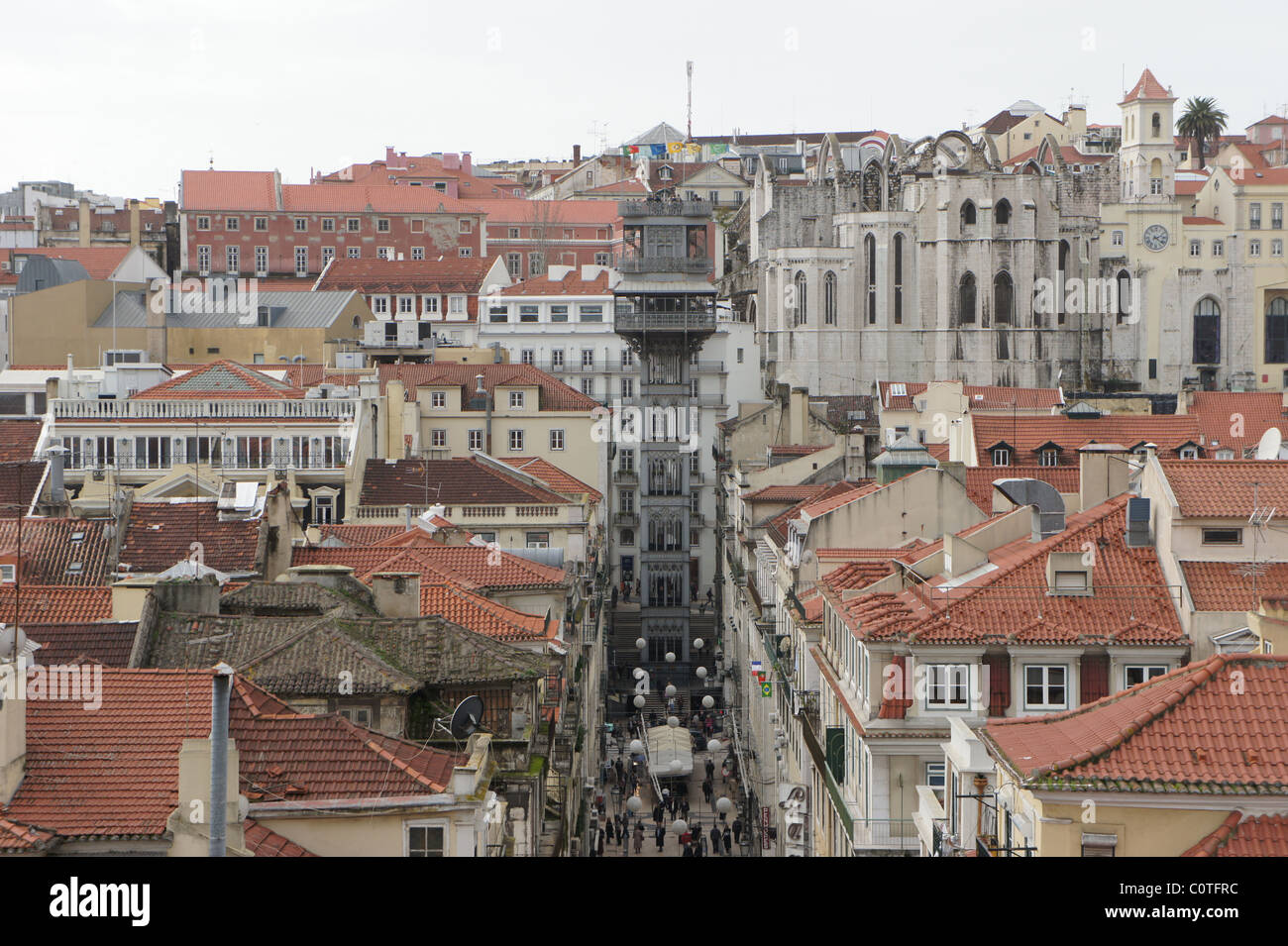 Santa Justa Street and Lift and Carmo Convent in downtown Lisbon Stock Photo
