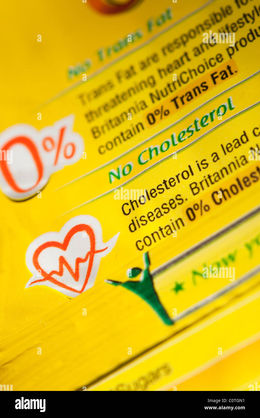 No cholesterol and no trans fats food advice on an indian food packet. India Stock Photo