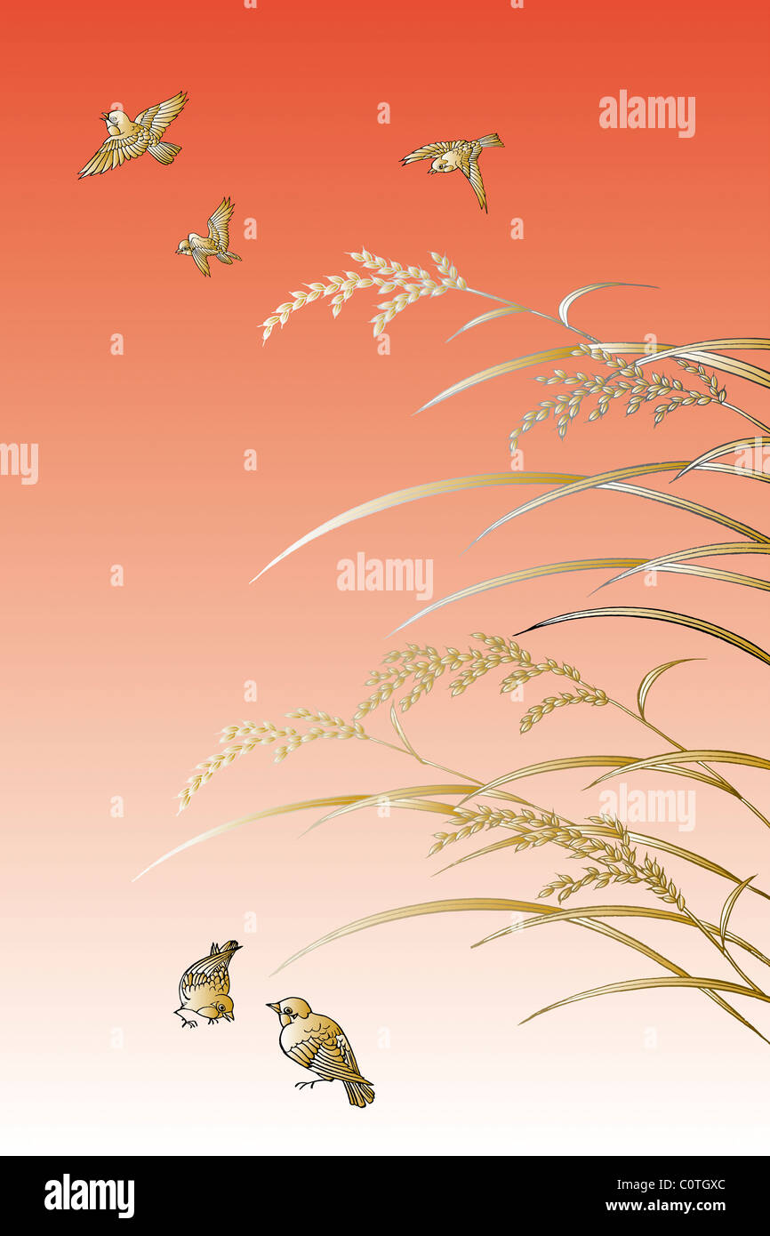 CG of Japanese Painting, Ears of Rice and Birds Stock Photo