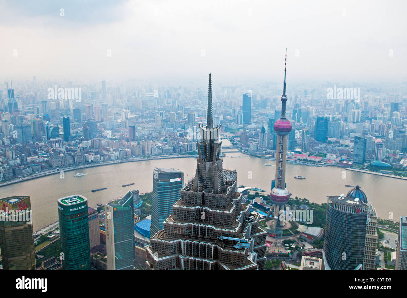 Aerial View of Shanghai Skyscrapers with Jinmao tower and oriental pearl TV tower from Shanghai World Financial Center (SWFC) Stock Photo
