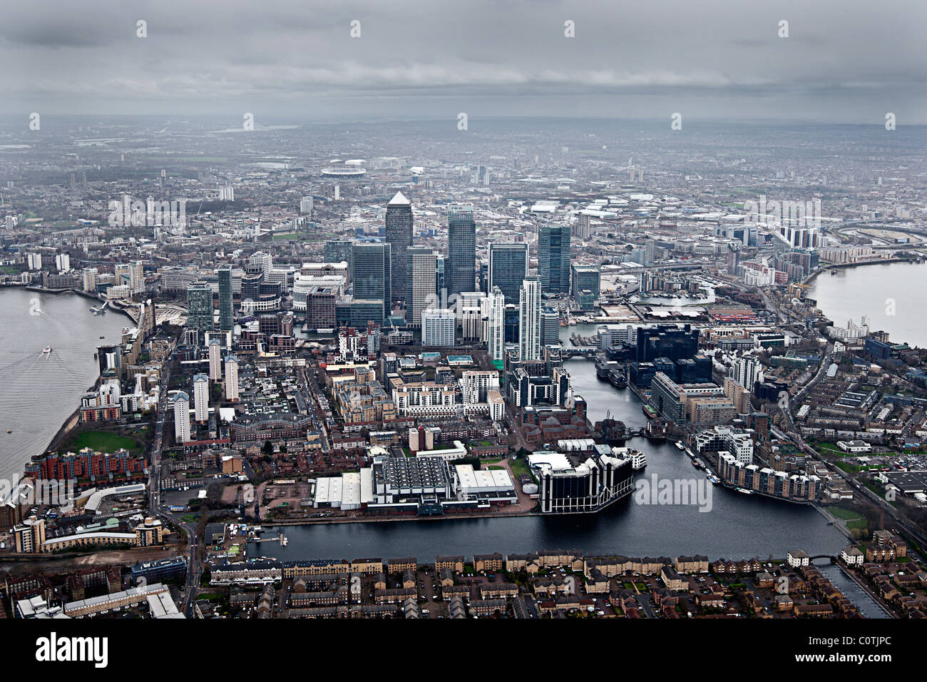 Aerial Shot of the Canary Wharf Estate in London, Greater London Stock Photo