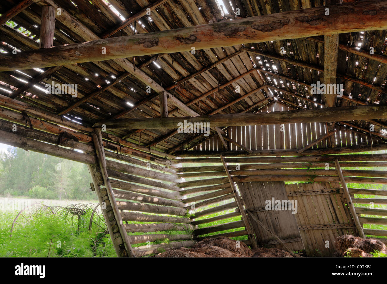 High Dynamic Range image of a collapsing wooden barn in Finland Stock Photo