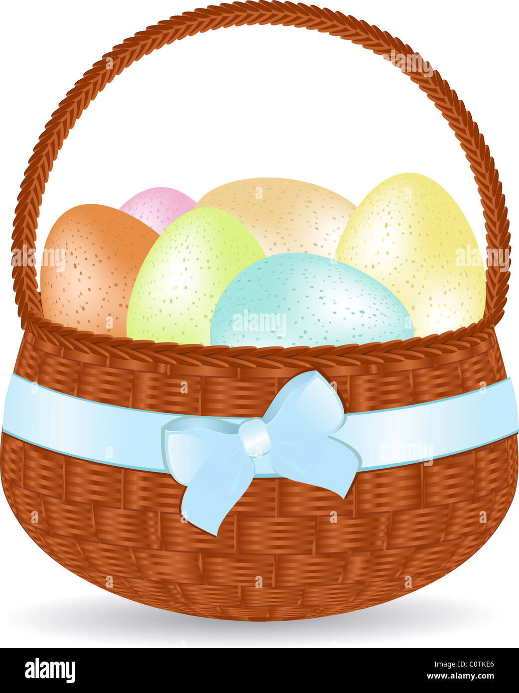 Decorated easter eggs in a wicker basket with a blue ribbon Stock Photo ...