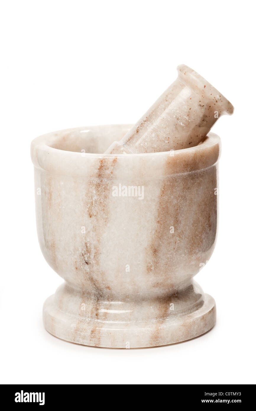 Marble mortar and pestle isolated on white background Stock Photo