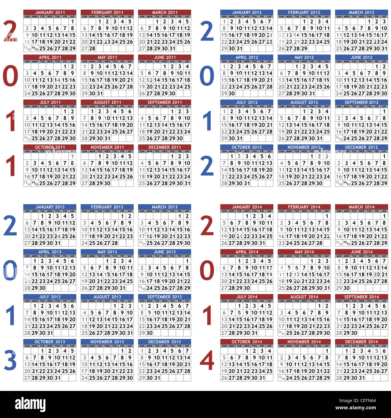 Collection of classic calendar templates for years 2011 - 2014 Stock Photo